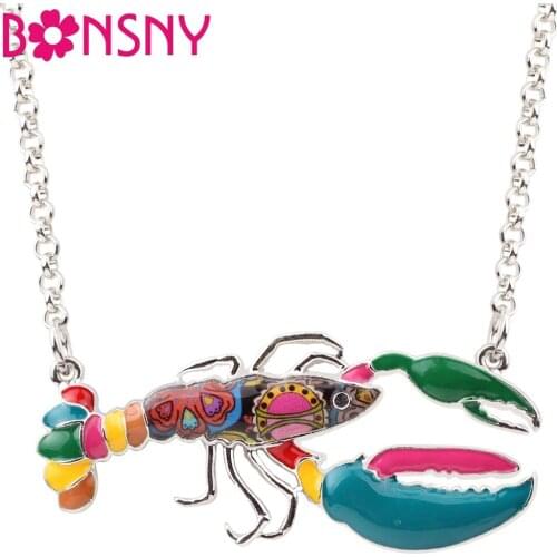 Bonsny Statement Enamel Metal Crawfish Shrimp Lobster Necklace Pendants Chain Fashion Ocean Animal Jewelry For Women Accessories