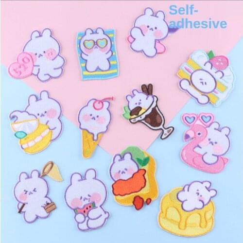 Cartoon Bunny Stick on Patches Cute Embroidery Patch Summer Rabbit Self-adhesive Clothing Stickers Garment Appliques Decorations