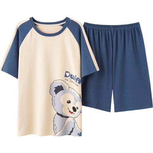 ATOXY Young Men Pajamas for Summer Soft Breathable Cotton Home Clothing Sets Pullover Plaid Bottoms Casual Lounge Wear Cool