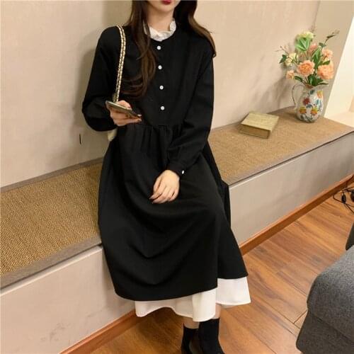 Black Vintage Dress Women Long Sleeve Patchwork French Retro Dress Female Gothic One-piece Dress Korean Autumn 2020 Office Lady