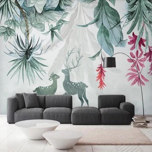 Professional custom 3D wallpaper mural green tropical plant banana leaf elk living room bedroom background wall decoration paint