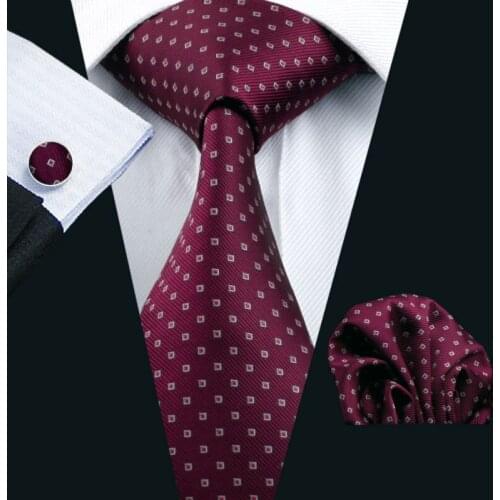 Dropshipping Ties For Men Red Jacquard Woven 100% Silk Tie Barry.Wang Hanky Cufflinks For Formal Wedding Business Party LS-875