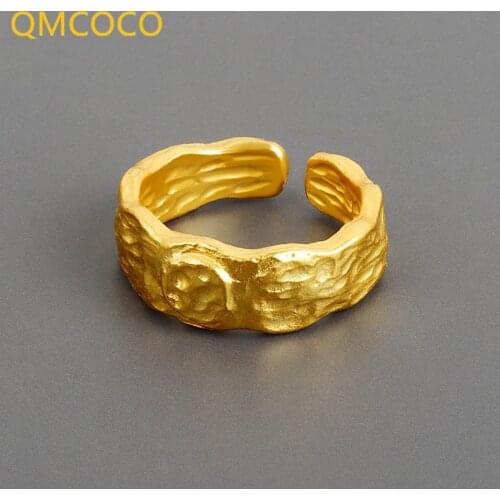 QMCOCO 925 Sterling Silver Ring For Women Matte Wide Ring Design Minimalist Irregular Fine Jewelry Birthday Gift