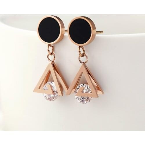 Luxury Rose Gold Color Retention Stainless Steel Drop Earrings For Women Fashion Black Shell Zircon Party Jewelry Female Gift