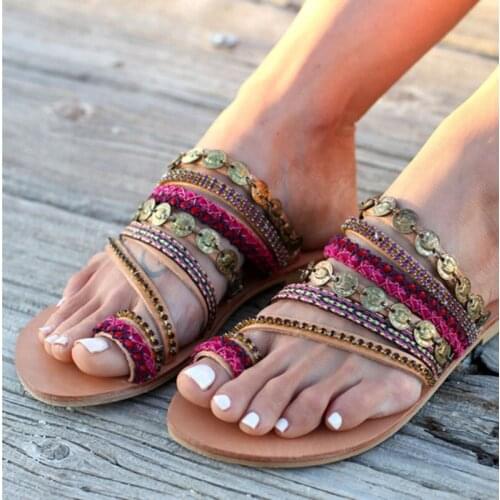 Slippers Women Outdoor Casual Flat Shoes Summer Female Bohemian Slides Lady Fashion Ethnic Sandals Big Size 43 2021 New