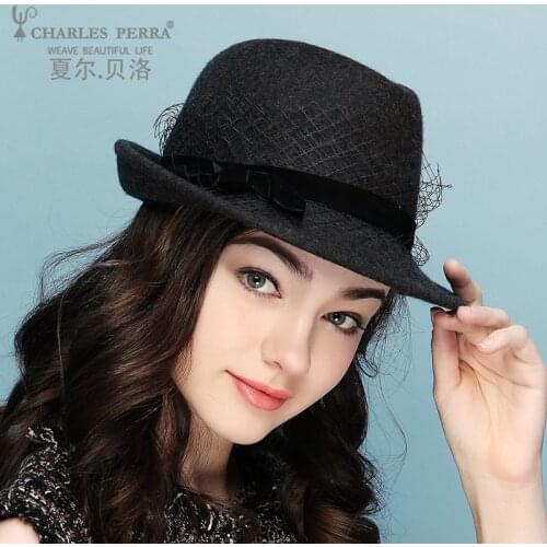 Lady New Fedoras Hat Girls Woolen Hat Elegant Ladys Crimped Panama Jazz Hat Girls Wide Brim Veil Jazz Cap Fedoras Hat B-8671