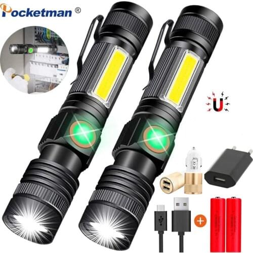 40000LM Super Bright Flashlight Magnetic LED Torch USB Rechargeable COB Sidelight a pocket clip Zoomable for Camping Lighting