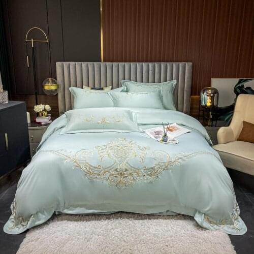 Tiffany Light Green Satin Silk Cotton Premium Bedding set Queen King Chic Embroidery Home Decor Duvet Cover Bed Sheet Pillowcase