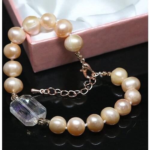 Unique desige natural freshwater pearl 9-10mm women bracelet crystal beads rose gold-color clasp jewelry B1403