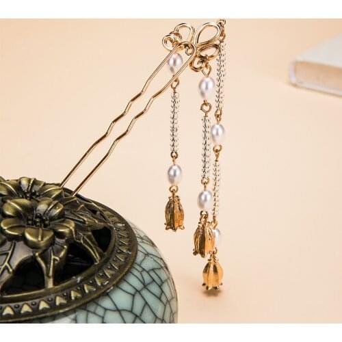 Vintage Metal Chinese Style Hair Stick Dangle Pearl Tassel Hair Fork Hairpin Hair Hanfu Accessories Uglyless Gift