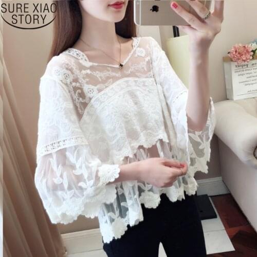 Embroidery Flower White Lace Blouse Casual Vintage Summer Blouse Women Blusas Mujer De Moda 2021 Loose ladies Tops 5464 50