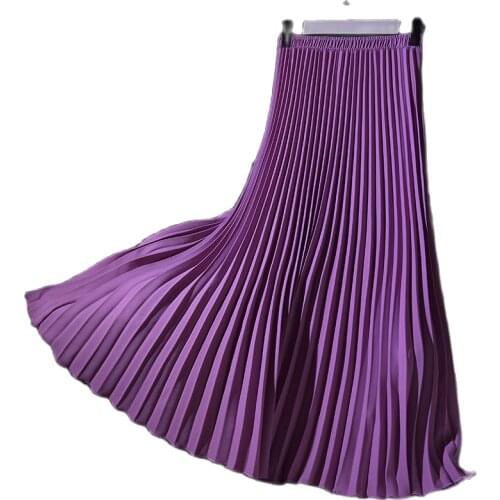 2020 Women Vintage Pleated Midi Long Skirt Female Korean Casual High Waist A Line Chiffon Mesh Skirts Jupe Faldas 18 Colors
