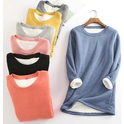 Women T-shirt Winter Velvet Long Sleeve Warm T shirt Vintage Streetwear Cotton Plus Feminina Solid Ladies Thicken Bottom