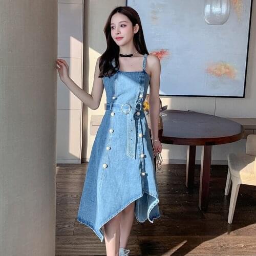 Fashion Asymmetric Long Dresses Women Vintage Pearl Button Dresses Summer Denim Spaghetti Strap Sexy Sundress Vestidos