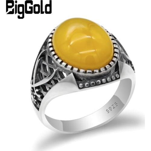 925 Sterling Silver Men Ring with Yellow Onyx Stone Ring Double Swords Vintage Thai Silver Style for ManTurkish Handmade Jewelry