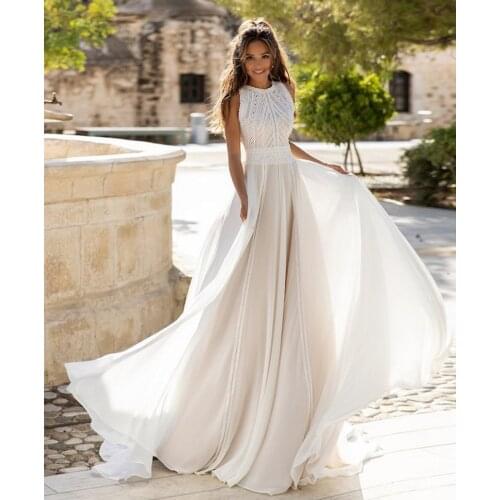 Vestidos Boho Bridal Sleeveless Wedding Dresses A Line 2020 Robe Longue Simple Beach Chiffon Long Halter Wedding Gowns New