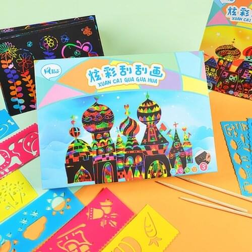 50 Sheets Scraping Painting Papers Kids DIY Craft Drawing Magic Rainbow Card Set