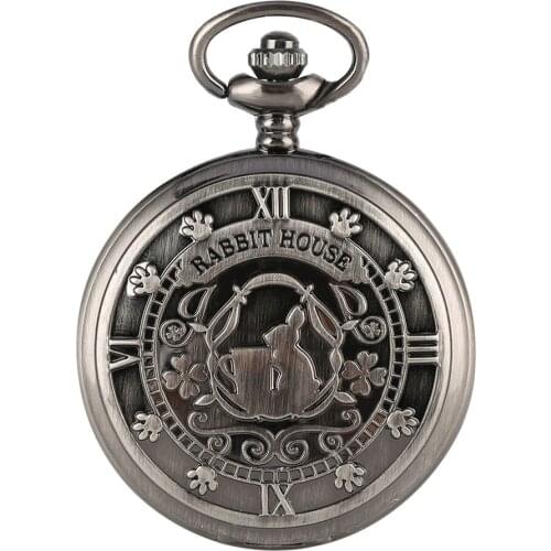 50pcs/lot Hot Sell Black RABBIT HOUSE Pocket Watch Classic Retro Flip Cover Men Women Gift Watches