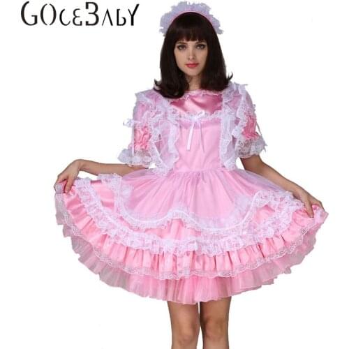Adult Baby Sissy Boy Maid Satin Lockable Puffy Dress Costume Crossdress Cosplay Costume