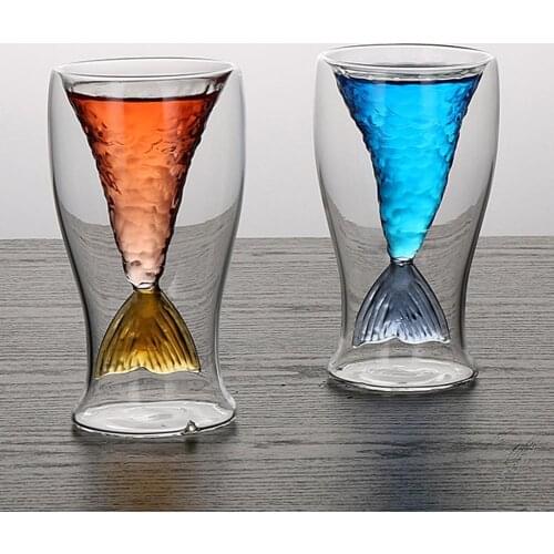 80ml Tail Wine Glass Double Layer Beer Whiskey Cocktail Mug Cup Juice Milk CupsTea Cups Clear Whiskey Glass Designed Barware