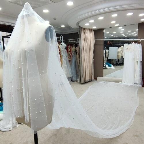 7 Meters Very Long Bridal Veil With Pearls One Layer Soft Mesh Royal Length Blusher Romantic Wedding Accessory For Bride V123