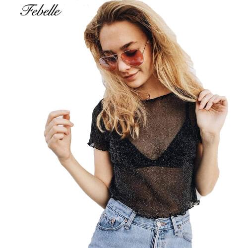 Febelle Summer Women Glitter Sheer Mesh Top Casual Perspective Hollow Out Female Tees Sexy Shine Basic Short T Shirt #231403
