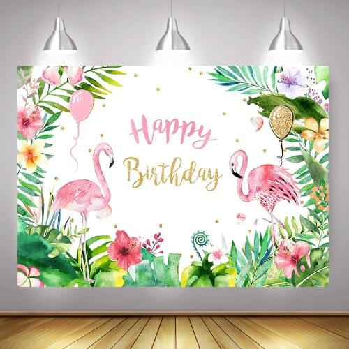 Photography Backdrop Flamingo Happy Birthday Party Banner Background Decor Summer Tropical Green Leaf Backdrops Flowers Balloon