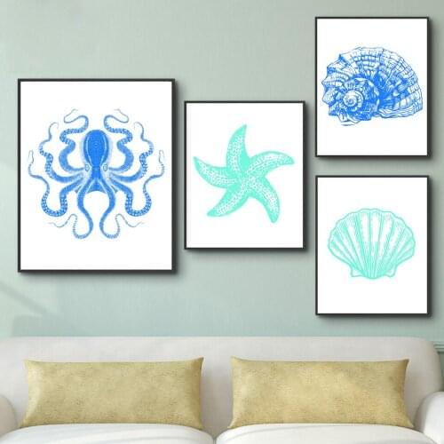 Canvas Painting Cute Animals Octopus Shells Starfish Wall Art Picture Home Decor One Piece Rectangle Poster Print
