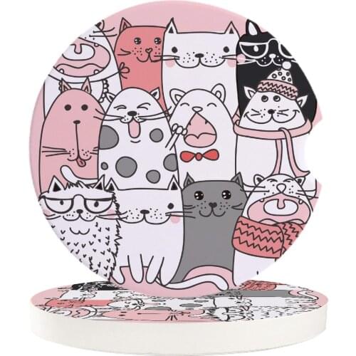 Cartoon Animal Cute Cats Small Round Ceramic Car Coasters Set For Drinks Coffee Tea Beverage Cup Holder