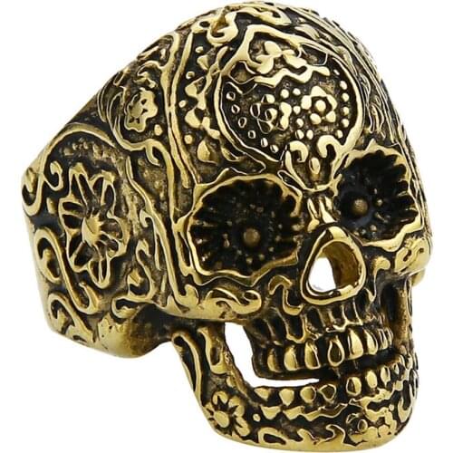 Valily Fashion Flower Skull Ring For Men Gold plating Gothic Black Poker Party Ring Rock Biker Stainless Steel Jewelry Male Gift