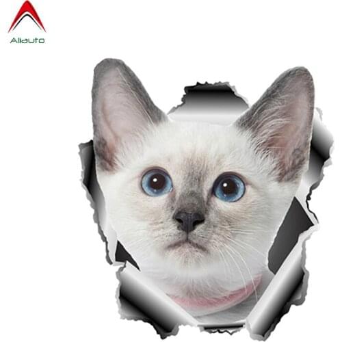 Volkrays 3D White Pet Cat Car Stickers Torn Metal Automobiles Motorcycles Window Bumper Decor Waterproof PVC Decal,13cm*12cm