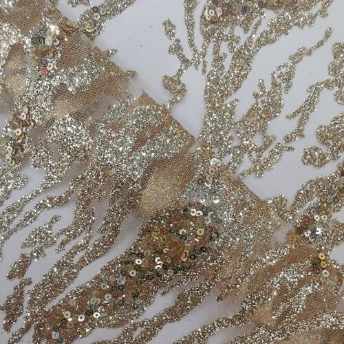 Latest Luxurious Nigerian Tulle Mesh Lace Fabric for Sequin Women Party Night Dress Gold Glitter Powder Textile Sewing Material