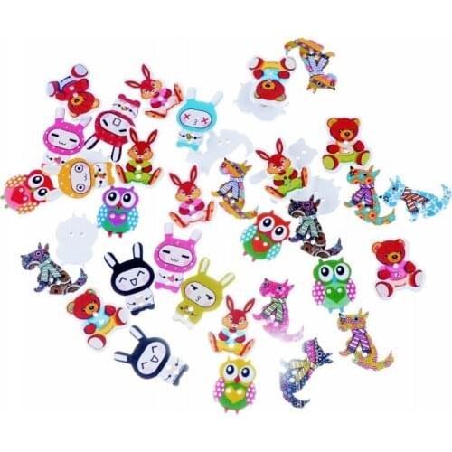 Free Shipping Retail 50Pcs Random Mixed 2 Holes Cartoon Animal Pattern Wood Sewing Baby Buttons Scrapbooking F0899