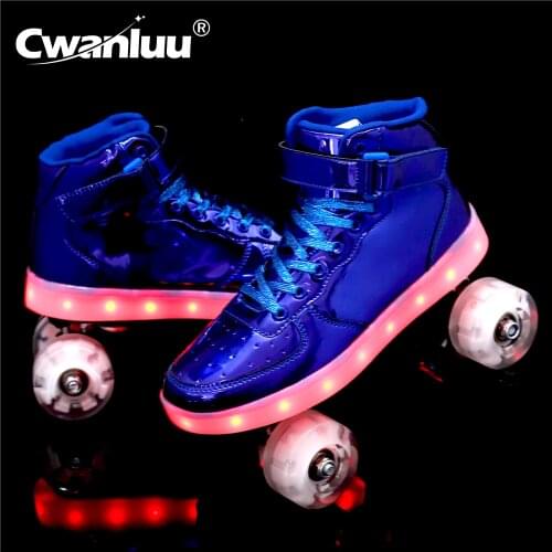 Luxury LED FLash Roller Skates 4-Wheel PU Blue Black White Patines USB Rechargeable Sneakers For Adult Kids Europe Size 35-45