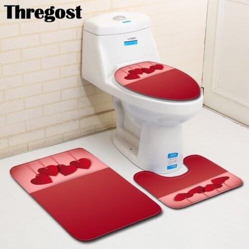 Thregost 3pcs/set Bathroom Mat Set Flannel Anti-Slip Bath Rugs Heart Printed Toliet Rug Washable Car Seat Floor Mats Pad Modern