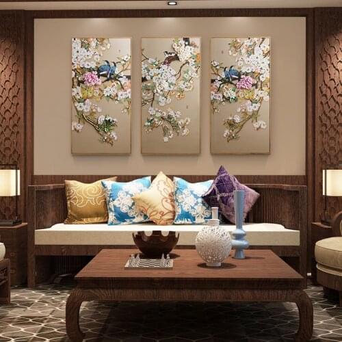 Living Room Decoration Painting Triple Vertical Mural Restaurant Bedroom New Chinese 3D Three-dimensional Relief Painting