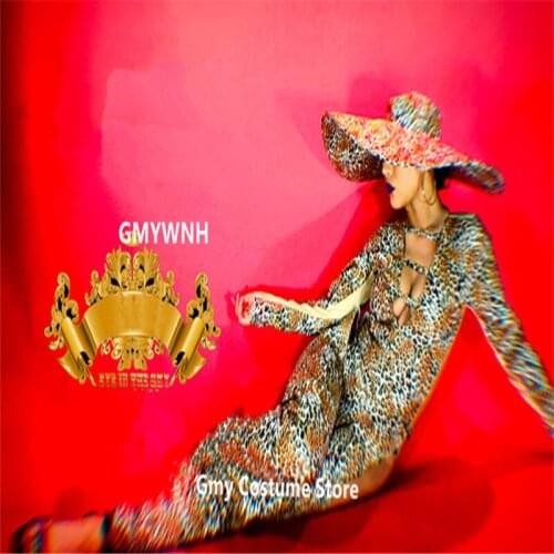 K21 Women sexy Leopard bodysuit female prom jumpsuit dj bar catwalk performance wears big hat gogo dress clothe bar outfit wears