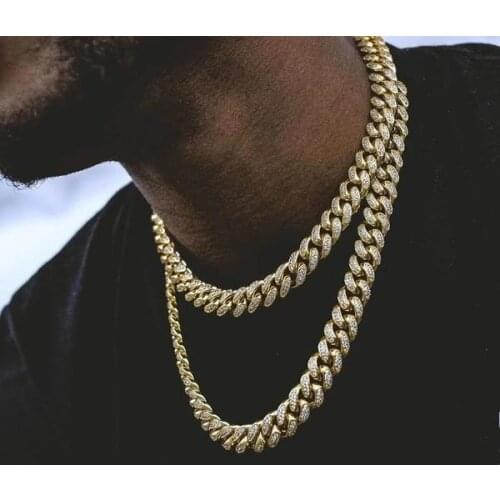 Iced Out Paved Rhinestone Link Chain 2pcs 12MM Gold Color Miami Curb Cuban Chain CZ Bling Rapper Necklace For Men HipHop Jewelry