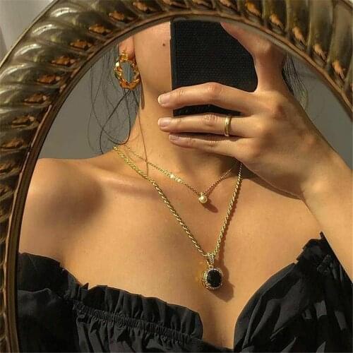 Fashion Artificial Pearl Necklace For Women Female Multilevel Geometric Gold Alloy Rope Chain Black Crystal Pendant Jewelry