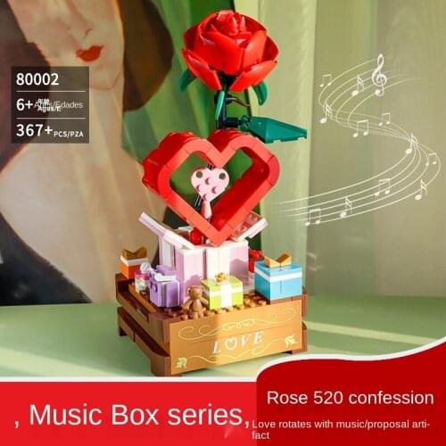 Creator Rose Flower Bouquet With Music Box Romantic Building Blocks Unzip Bricks Toys For Mother Valentines Day Girlfriend Gift