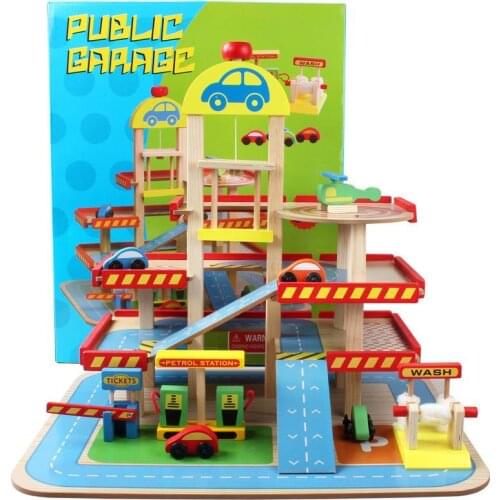 Wooden Parking Lot Toys Railway Train Track Set Simulation Three-story Rail Car Park Children Play House Educational Toy For Kid
