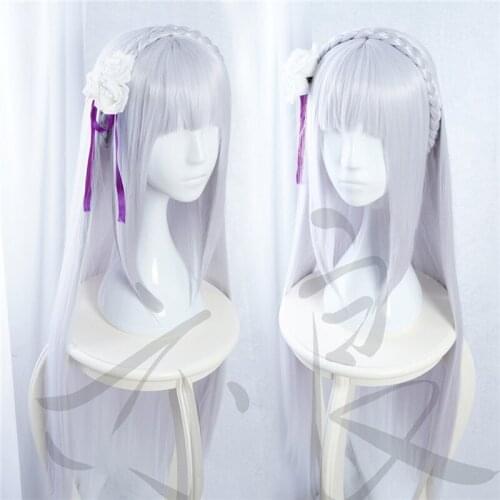 Emilia Re Life In A Different World From Zero Silver Long Synthetic Hair Carnival Halloween Party Role Play Cosplay + Wig Cap