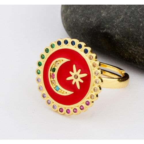 3 Colors Fashion Wedding Jewelry Anniversary Ring Moon Star Design For Women Copper Opening Adjustable Rainbow Rhinestone Rings