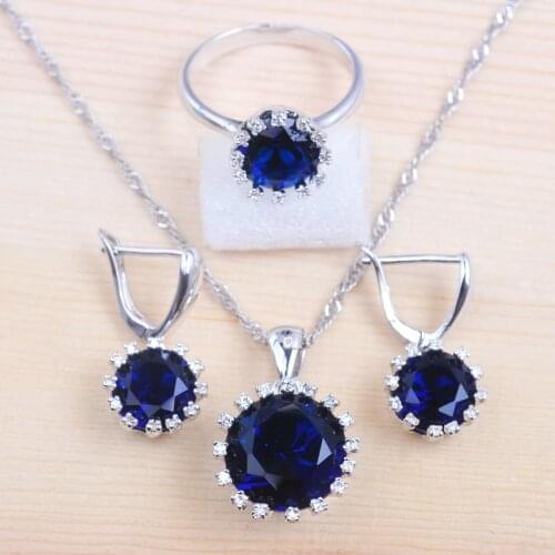 For Women Dubai Zirconia Wedding Jewelry Set Blue Crystal Pendants Necklace Earring Ring Luxury Party Jewelry QZ0527