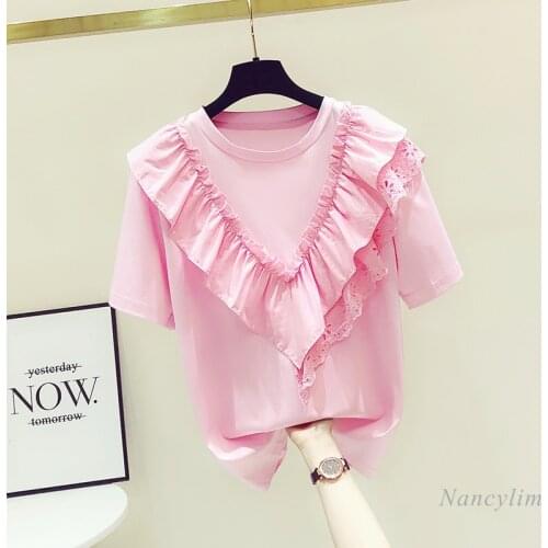 Lace Patchwork Ruffled Loose Short Sleeve T-shirt or Women 2021 Summer New Design Girls Ladies All-Match Tops White Pink Tee