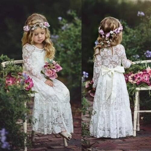 Boho Lace Flower Girls Dresses for Wedding Party Long Sleeves Big Bow Girl First Communion Dresses Kids Holy Birthday Party