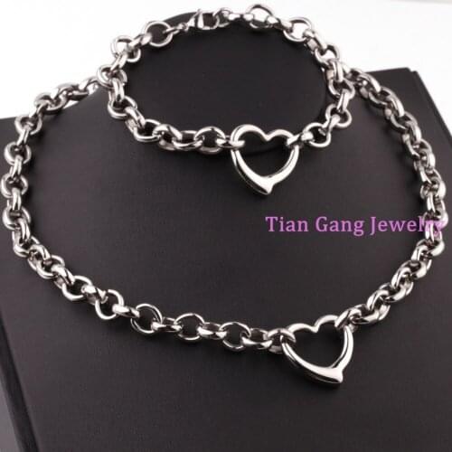 Hot selling Stainless Steel Vintage Jewelry Imitation Silver Color Gold Bracelet +Necklace sets With Heart Charm Supernova Sales