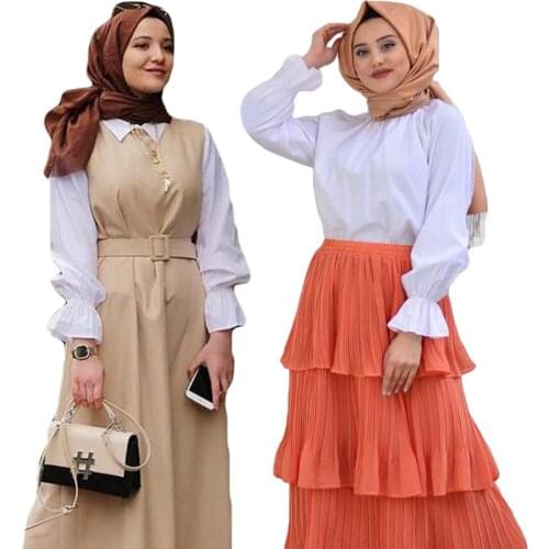 Muslim White Tops Fashion Blouse Plus Size OL Style Casual Shirts Long Sleeve Islam Clothing Dubai Arab Turtle Neck Solid Color