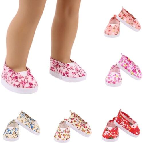43CM American Dolls Shoes New Born Lovely Baby Canvas Shoes with Printed Flower Fit 18 inch Girls Doll Cloth Accessories