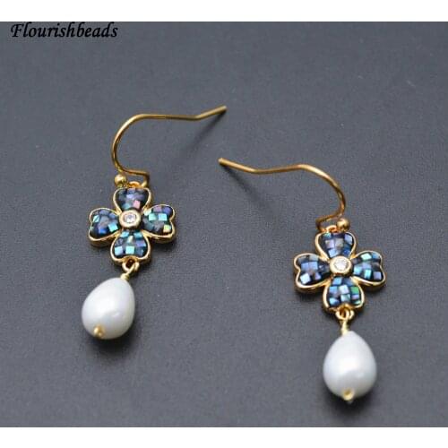 Natural Abalone Clover and White Shell Drop Beads Hook Earrings Fashion Party Jewelry